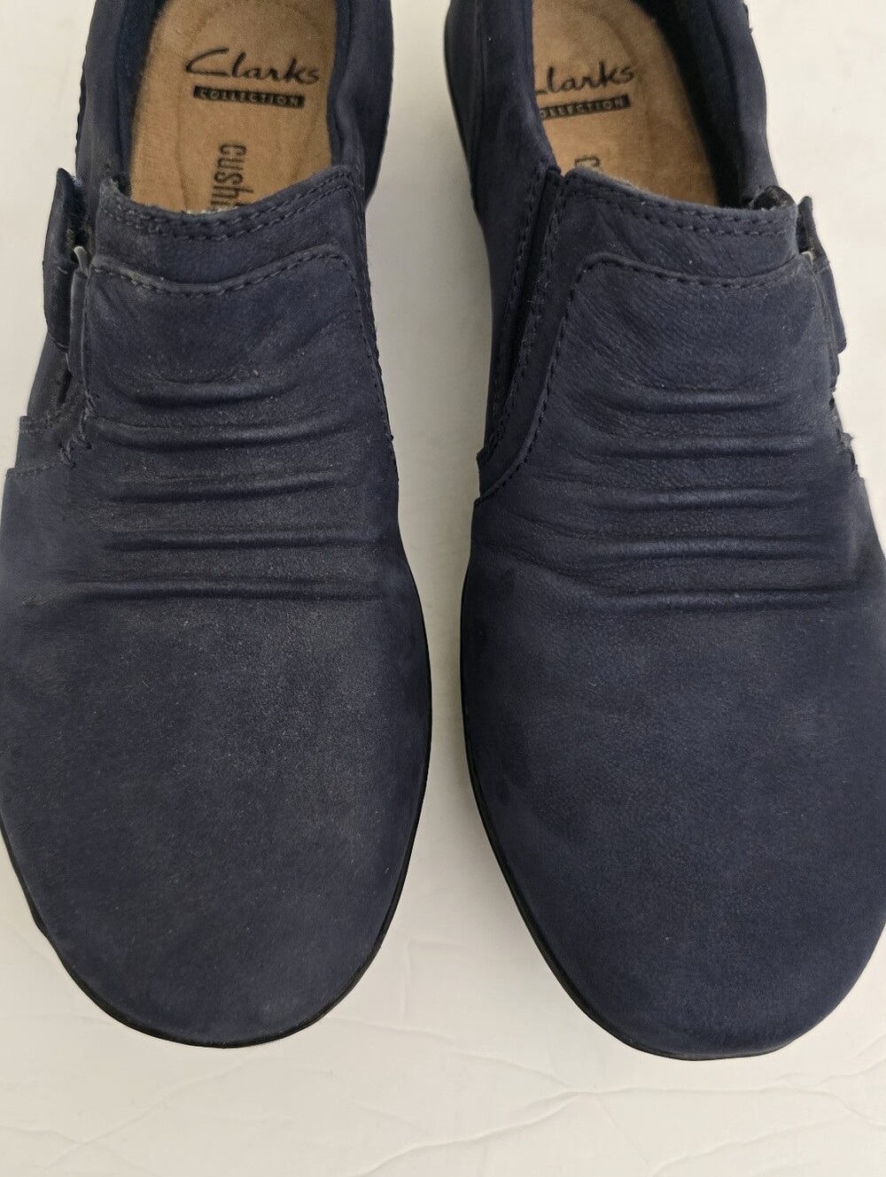 CLARKS size 7W Everlay Coda Leather Suede Cushion Soft Loafers Navy Blue - Picture 7 of 13